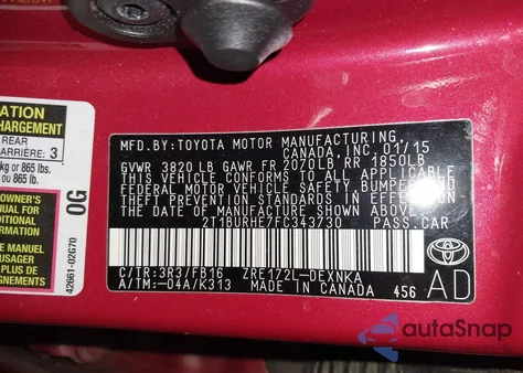 2015 Toyota Corolla Le z USA, uszkodzony, nr VIN 2T1BURHE7FC343730